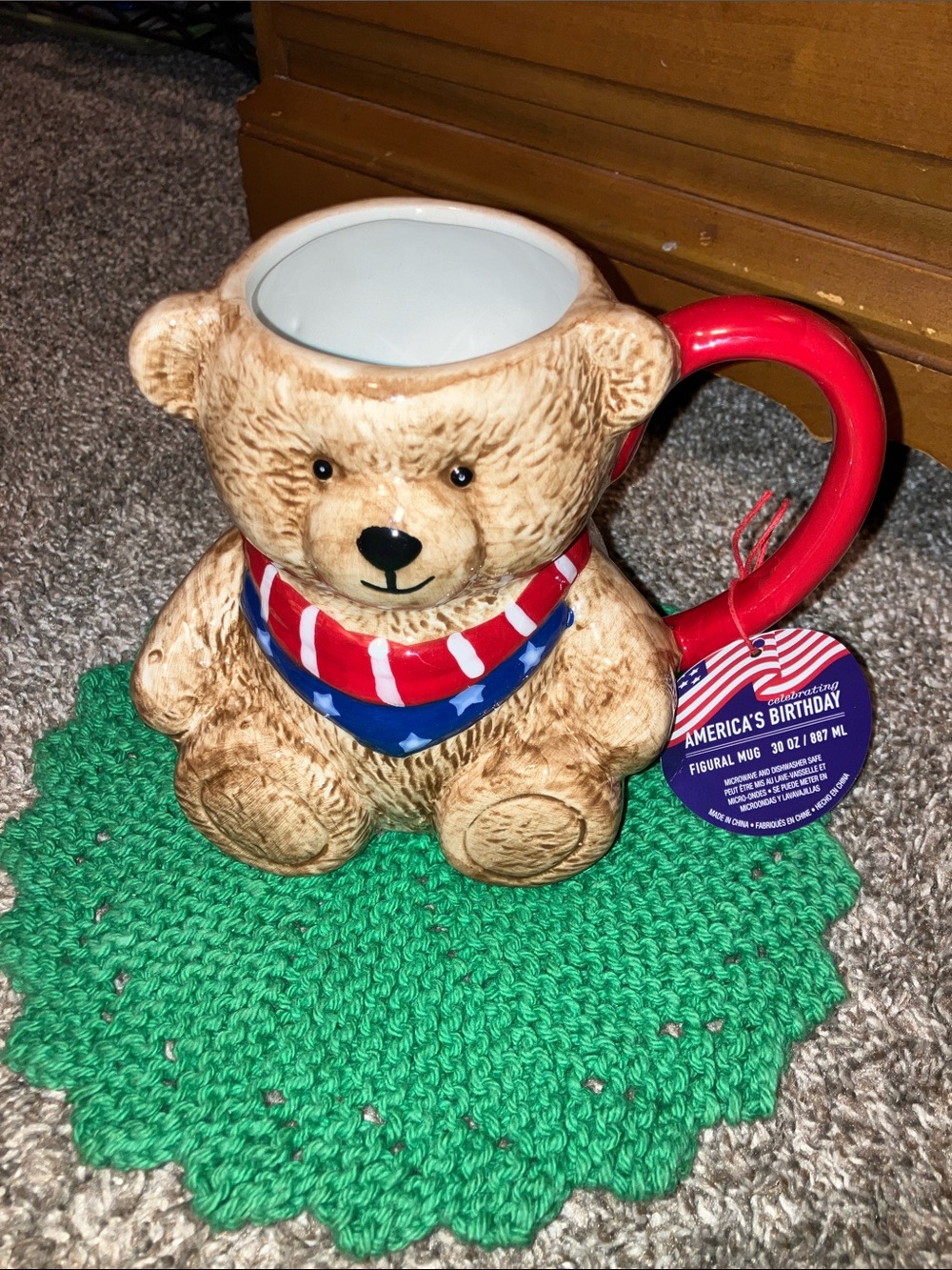 America's Birthday Teddy Bear Mug with Red Handle New